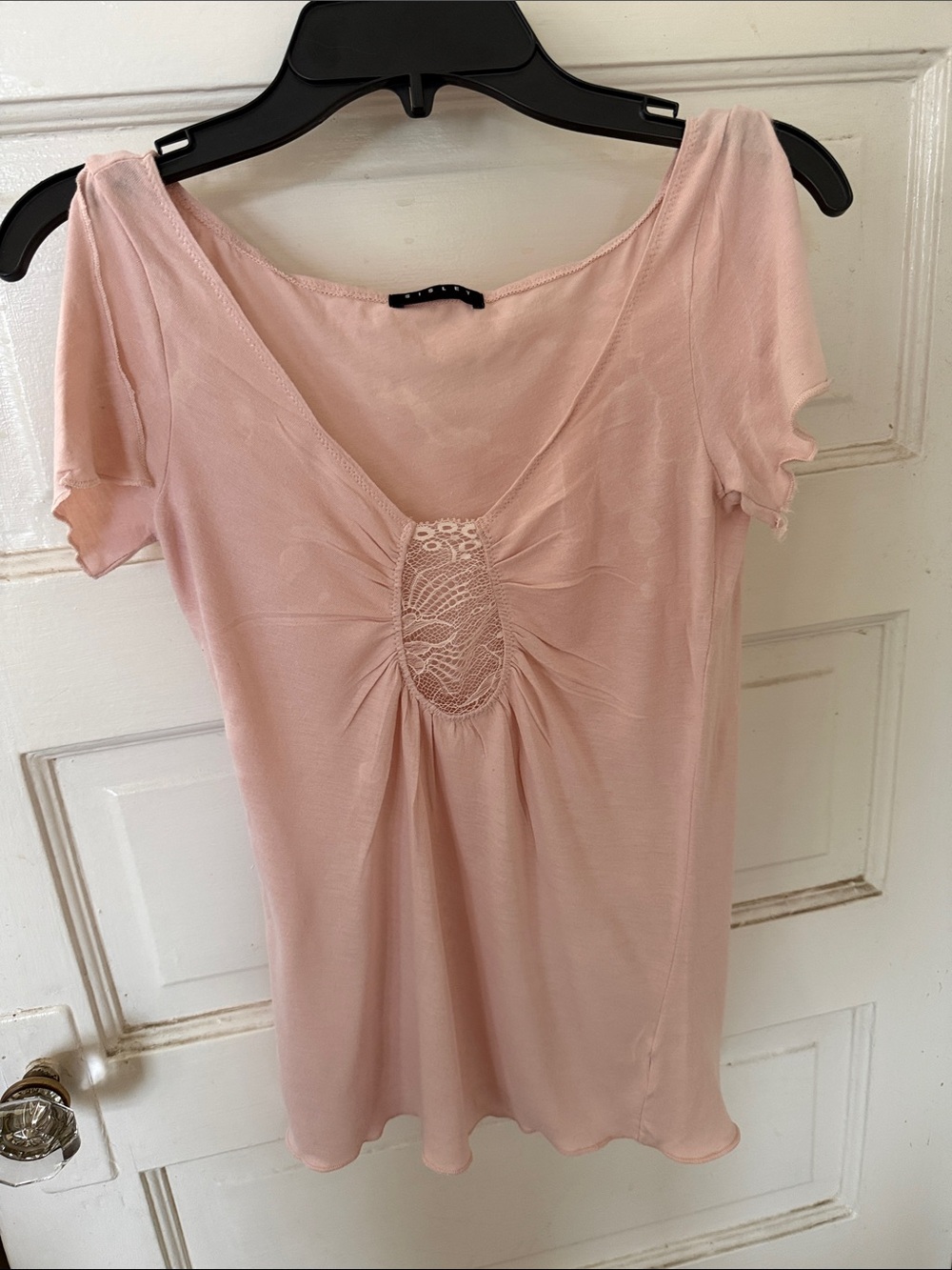 Sisley Soft Blush Scoop Neck Short Sleeve Top with Lace Detail